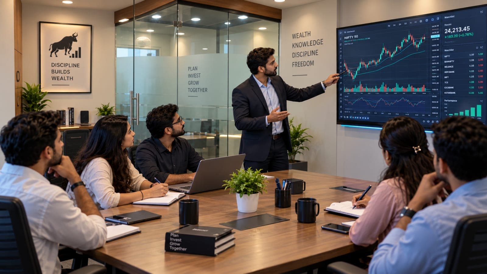A small group in an investment training workshop